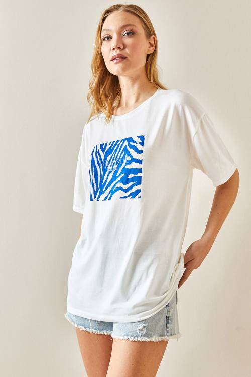 Mavi Bisiklet Yaka Baskılı Oversize Tişört 4KXK1-47924-12 - 4