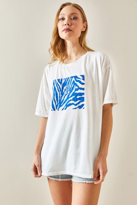 Mavi Bisiklet Yaka Baskılı Oversize Tişört 4KXK1-47924-12 - 5