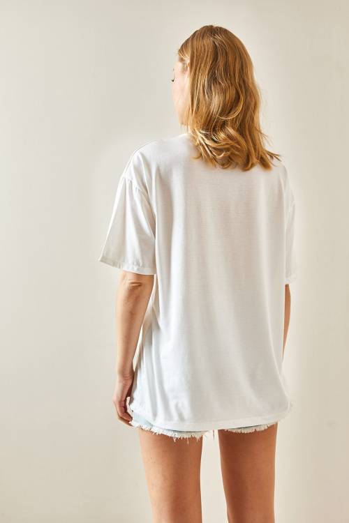 Mavi Bisiklet Yaka Baskılı Oversize Tişört 4KXK1-47924-12 - 6