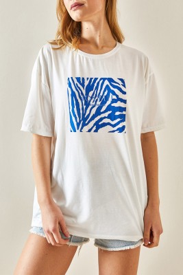 Mavi Bisiklet Yaka Baskılı Oversize Tişört 4KXK1-47924-12 