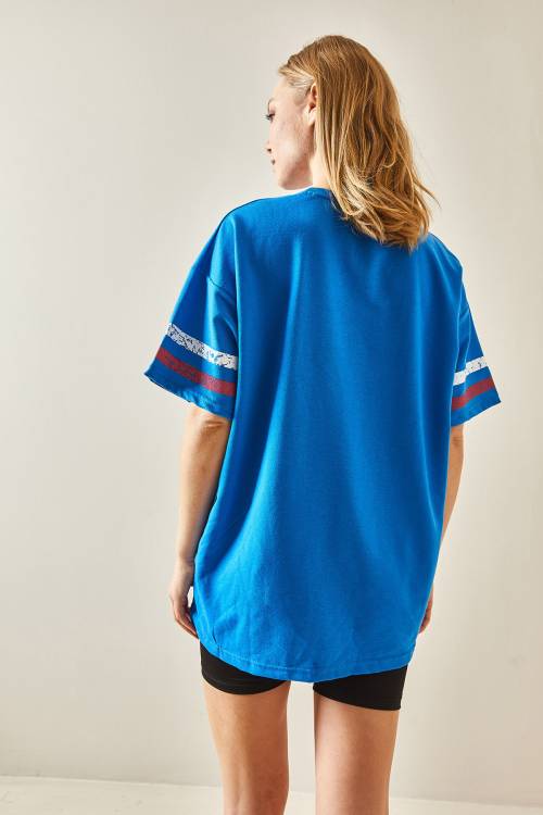 Mavi Bisiklet Yaka Önü Baskılı Oversize Tişört 4KXK1-47926-12 - 5