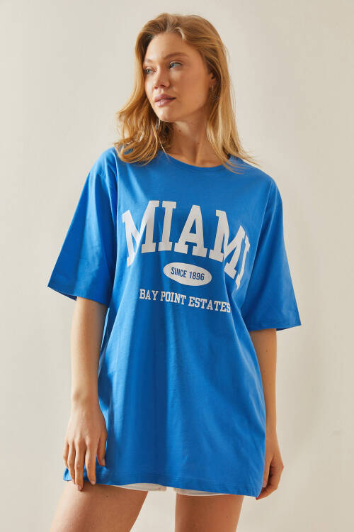 Mavi Bisiklet Yaka Yazılı Oversize Midi Tişört 5YXK1-48008-12 - 2
