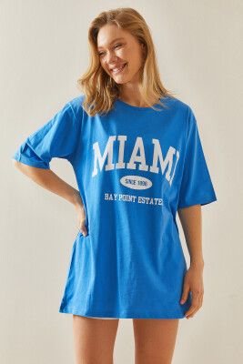 Mavi Bisiklet Yaka Yazılı Oversize Midi Tişört 5YXK1-48008-12 - 3