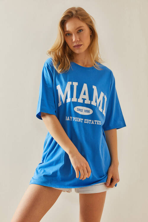 Mavi Bisiklet Yaka Yazılı Oversize Midi Tişört 5YXK1-48008-12 - 4