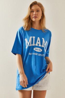 Mavi Bisiklet Yaka Yazılı Oversize Midi Tişört 5YXK1-48008-12 - 5
