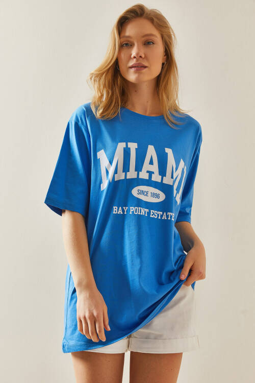 Mavi Bisiklet Yaka Yazılı Oversize Midi Tişört 5YXK1-48008-12 - 5
