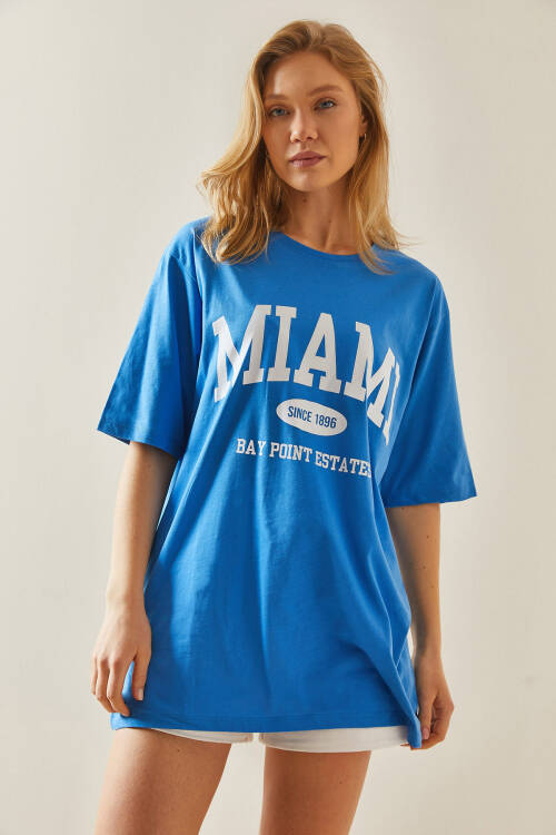 Mavi Bisiklet Yaka Yazılı Oversize Midi Tişört 5YXK1-48008-12 - 6