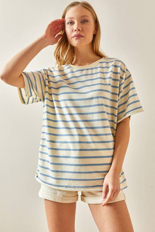 Mavi Çizgili & Bisiklet Yaka Oversize Tişört 4KXK1-47928-12 - 2