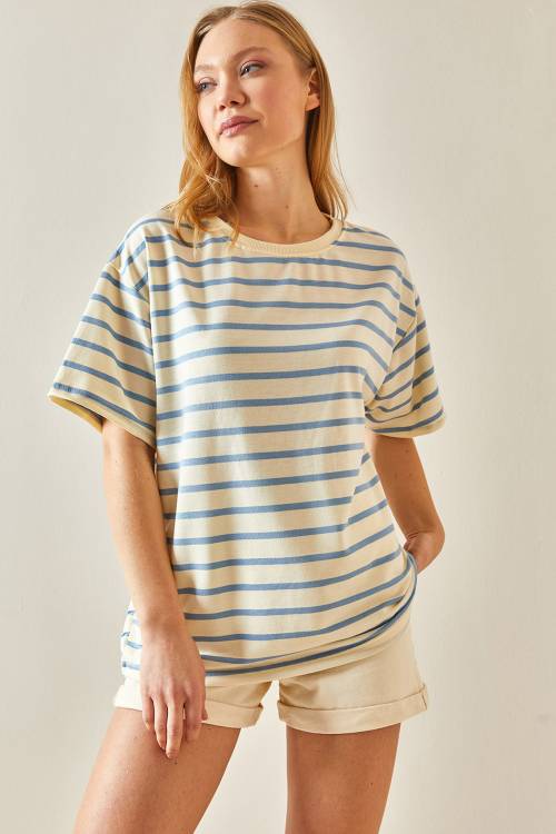 Mavi Çizgili & Bisiklet Yaka Oversize Tişört 4KXK1-47928-12 - 3