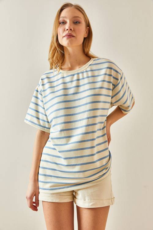 Mavi Çizgili & Bisiklet Yaka Oversize Tişört 4KXK1-47928-12 - 4
