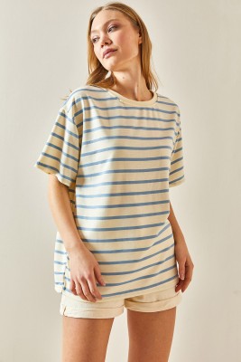 Mavi Çizgili & Bisiklet Yaka Oversize Tişört 4KXK1-47928-12 - 6