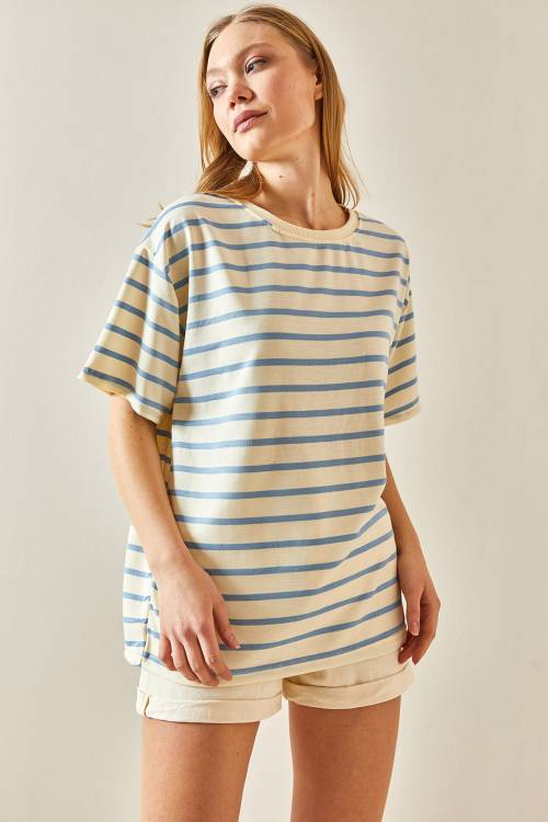 Mavi Çizgili & Bisiklet Yaka Oversize Tişört 4KXK1-47928-12 - 6