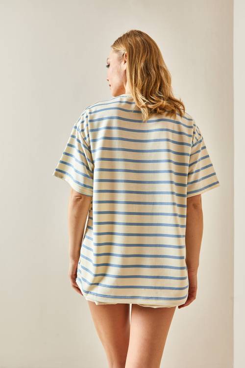 Mavi Çizgili & Bisiklet Yaka Oversize Tişört 4KXK1-47928-12 - 7