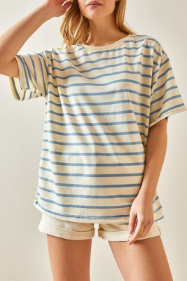 Mavi Çizgili & Bisiklet Yaka Oversize Tişört 4KXK1-47928-12 