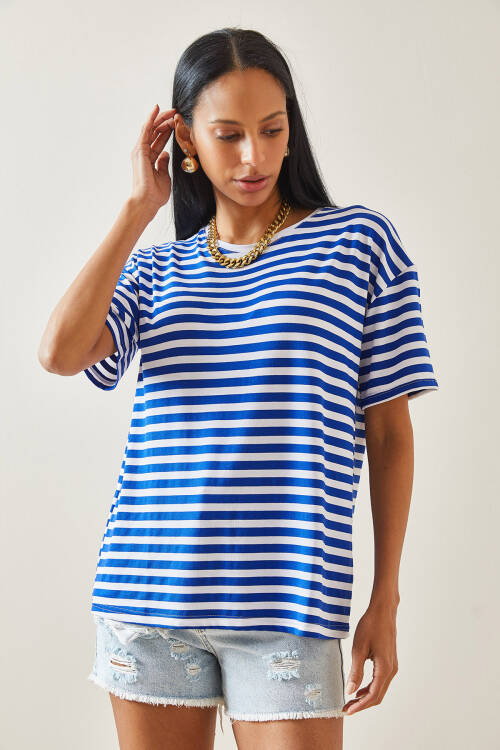 Mavi Çizgili Oversize Basic Tişört 5YXK1-48262-12 - 2