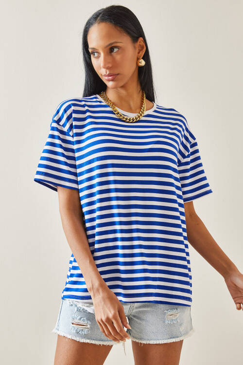 Mavi Çizgili Oversize Basic Tişört 5YXK1-48262-12 - 3