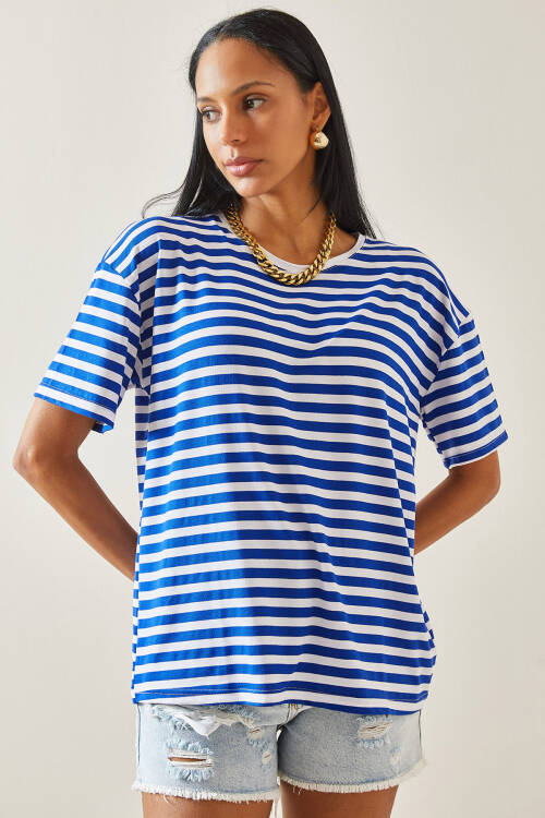 Mavi Çizgili Oversize Basic Tişört 5YXK1-48262-12 - 4