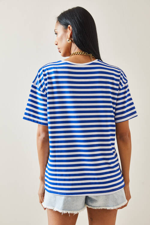 Mavi Çizgili Oversize Basic Tişört 5YXK1-48262-12 - 5