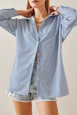 XHAN - Mavi Çizgili Polo Yaka Oversize Gömlek 4KXK2-47765-12
