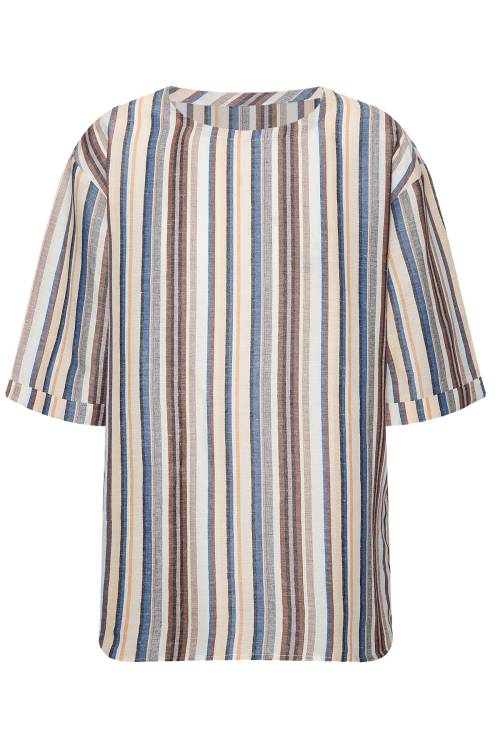 Mavi Geniş Yaka Çizgili Oversize Keten Tişört 2YXE2-45966-12 - 1