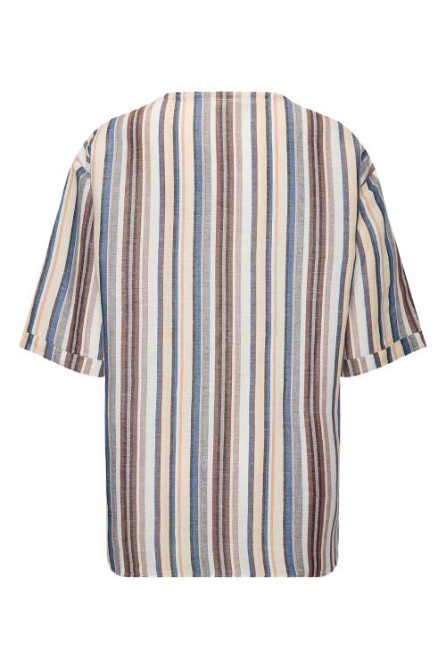 Mavi Geniş Yaka Çizgili Oversize Keten Tişört 2YXE2-45966-12 - 2