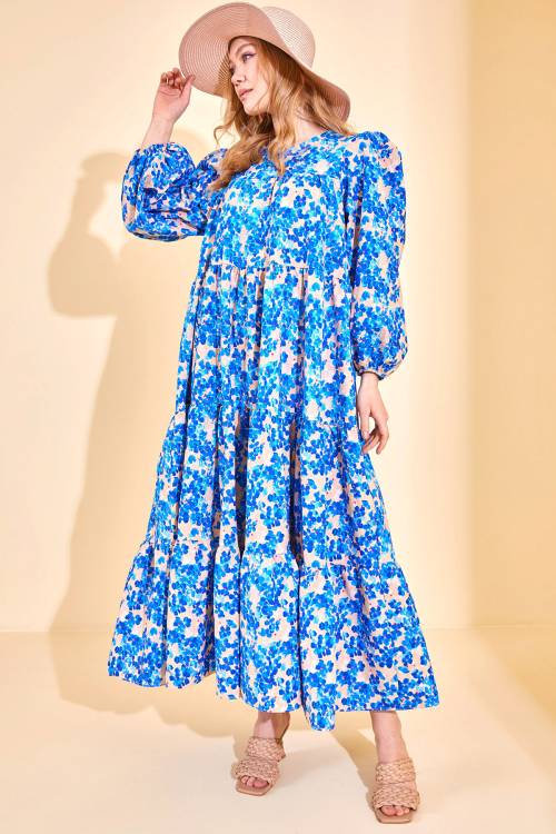 Mavi Karpuz Kol Çiçekli Maxi Elbise 3KXK6-46593-12 - 4