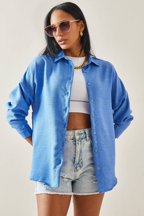 Mavi Oversize Basic Keten Gömlek 5YXK2-48269-12 - 2