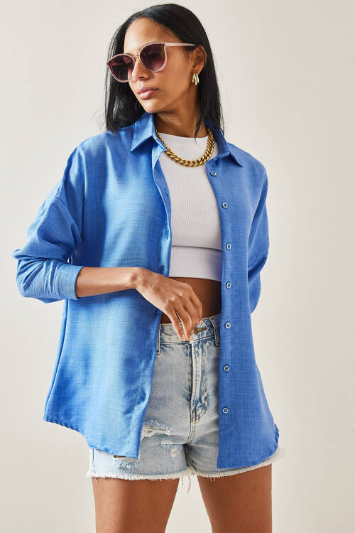 Mavi Oversize Basic Keten Gömlek 5YXK2-48269-12 - 3