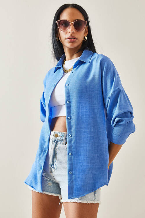 Mavi Oversize Basic Keten Gömlek 5YXK2-48269-12 - 4