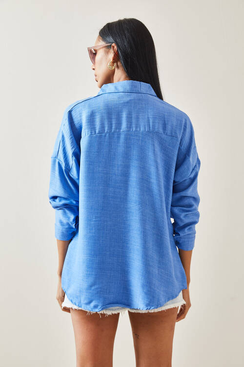 Mavi Oversize Basic Keten Gömlek 5YXK2-48269-12 - 6