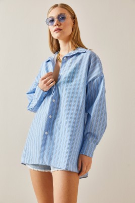 Mavi Oversize Çizgili Gömlek 4KXK2-47766-12 - 2
