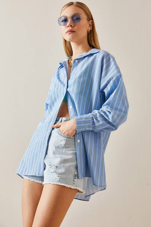 Mavi Oversize Çizgili Gömlek 4KXK2-47766-12 - 3