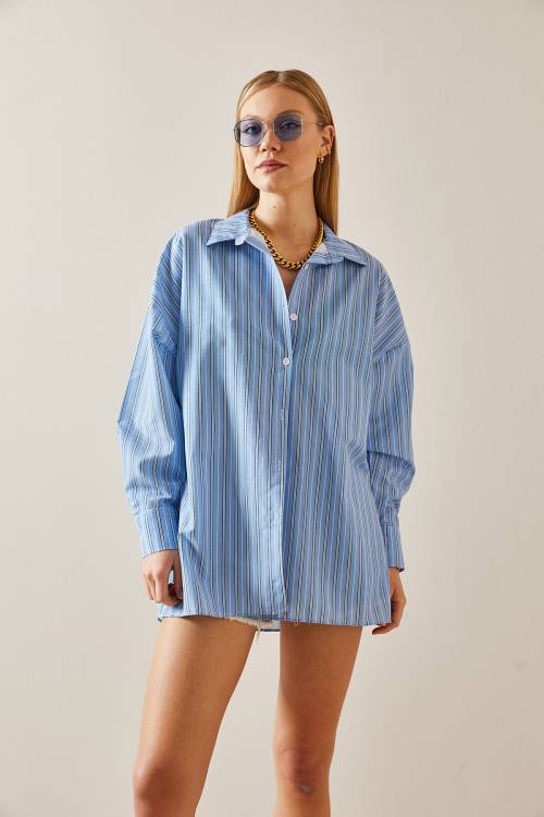 Mavi Oversize Çizgili Gömlek 4KXK2-47766-12 - 5