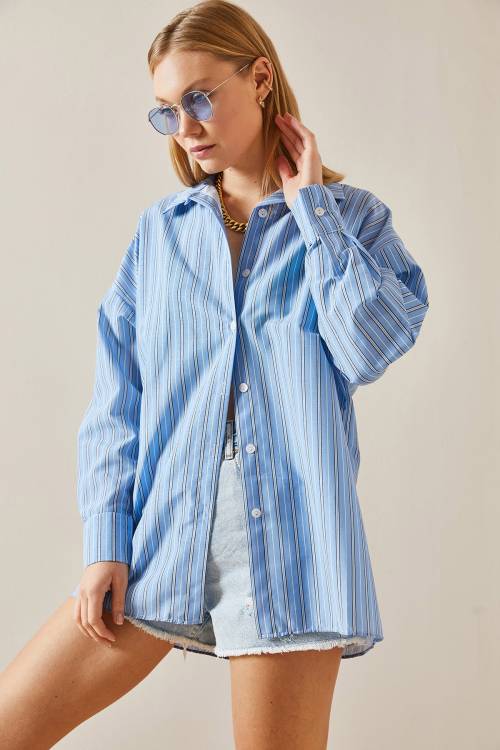 Mavi Oversize Çizgili Gömlek 4KXK2-47766-12 - 6