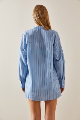 Mavi Oversize Çizgili Gömlek 4KXK2-47766-12 - 7