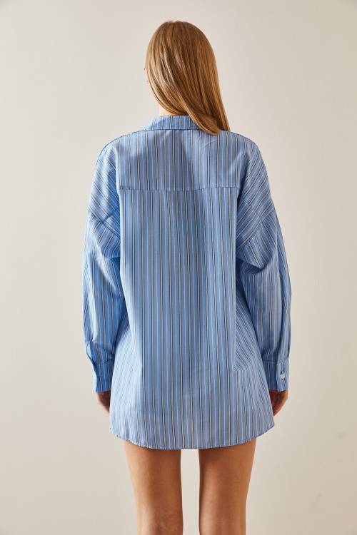 Mavi Oversize Çizgili Gömlek 4KXK2-47766-12 - 7