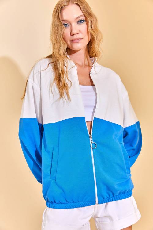 Mavi Renk Geçişli Fermuarlı Sweat Hırka 3KXK8-46812-12 - 4
