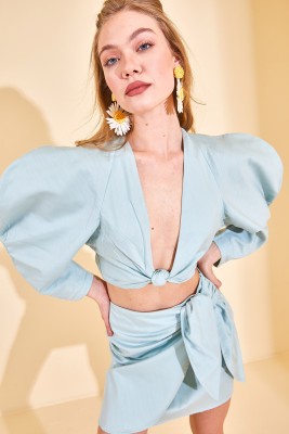 XHAN - Mint Geniş Omuz Crop Bluz 2YXK2-46179-58