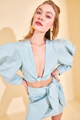 Mint Geniş Omuz Crop Bluz 2YXK2-46179-58 - 5