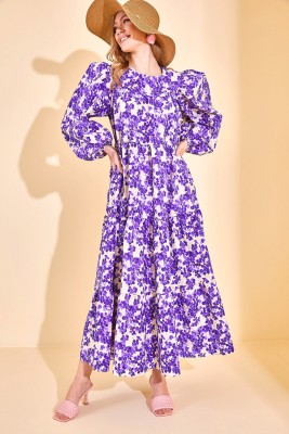 Mor Karpuz Kol Çiçekli Maxi Elbise 3KXK6-46593-06 - 2