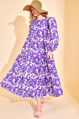 Mor Karpuz Kol Çiçekli Maxi Elbise 3KXK6-46593-06 - 3