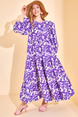 Mor Karpuz Kol Çiçekli Maxi Elbise 3KXK6-46593-06 - 5