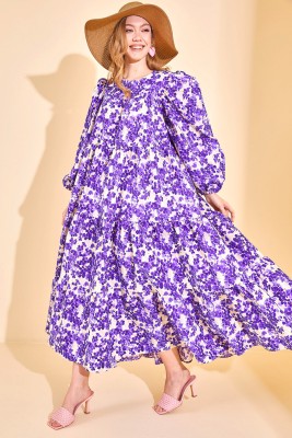 Mor Karpuz Kol Çiçekli Maxi Elbise 3KXK6-46593-06 - 6