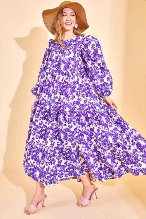 Mor Karpuz Kol Çiçekli Maxi Elbise 3KXK6-46593-06 - 6