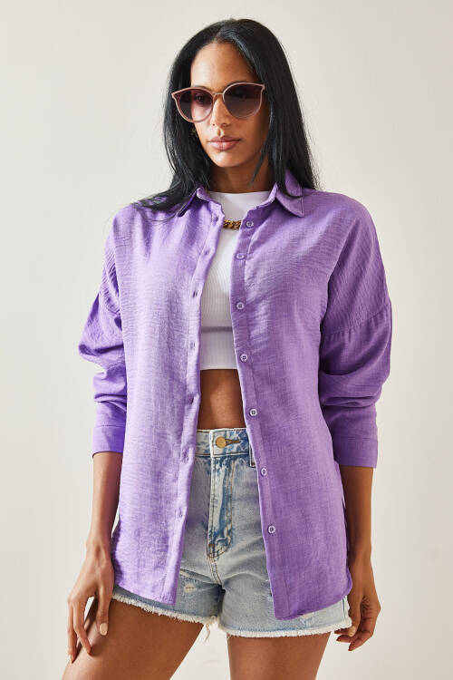 Mor Oversize Basic Keten Gömlek 5YXK2-48269-06 - 2