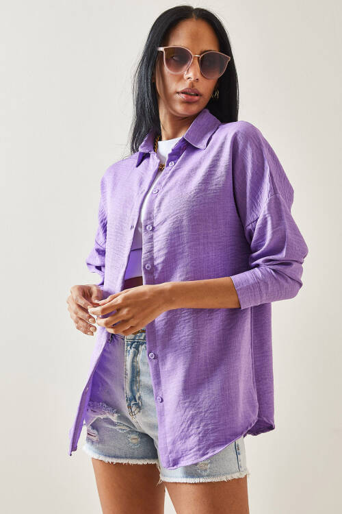 Mor Oversize Basic Keten Gömlek 5YXK2-48269-06 - 3