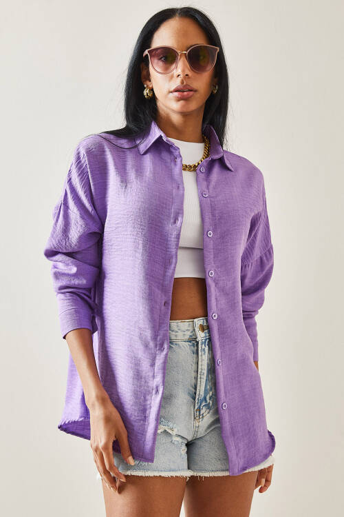 Mor Oversize Basic Keten Gömlek 5YXK2-48269-06 - 4