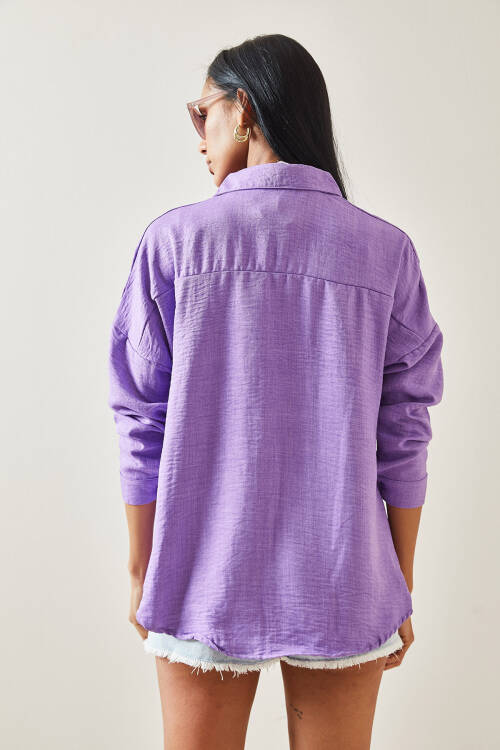 Mor Oversize Basic Keten Gömlek 5YXK2-48269-06 - 5