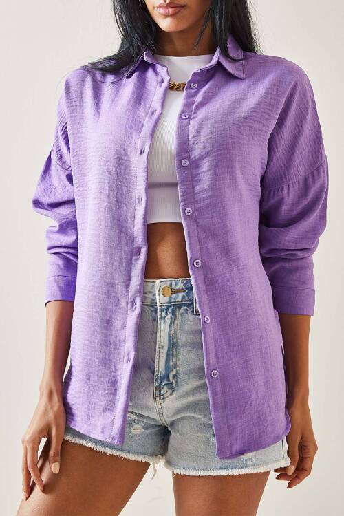 Mor Oversize Basic Keten Gömlek 5YXK2-48269-06 - 1