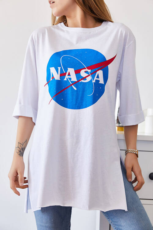 Beyaz Nasa Baskılı Boyfriend Yırtmaçlı Tişört 9KXK1-43321-01 - 1